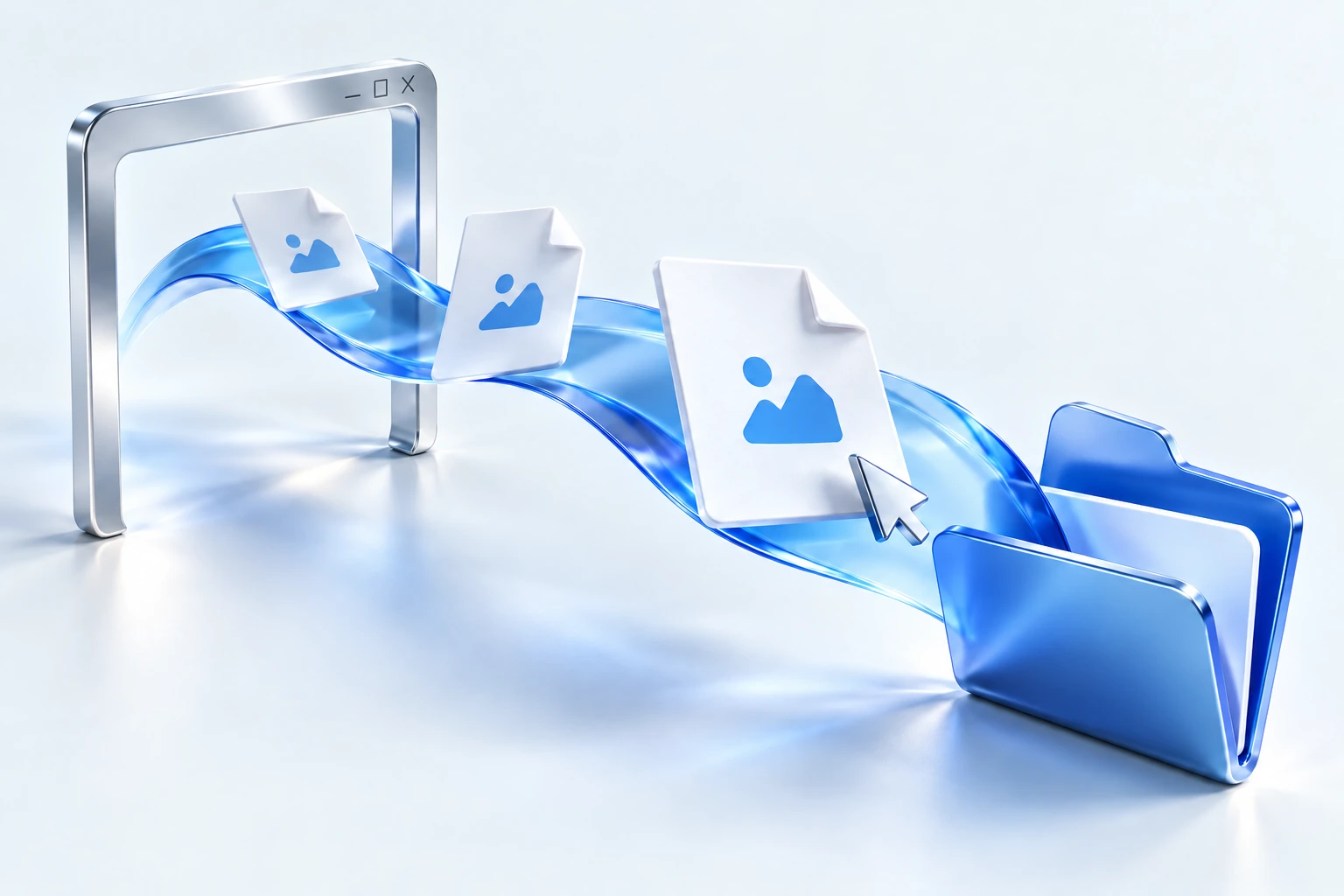 Original 3D artwork of files gliding from a browser-shaped portal along a blue glass bridge into a desktop folder, with a drag cursor beside the leading file